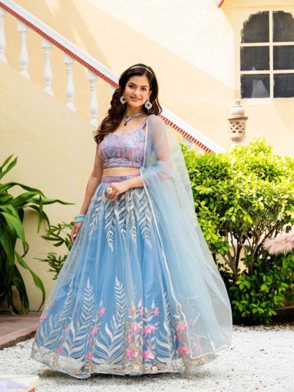Sky Color Wedding Lehenga Choli Collection With Sequins Work. - Image 9