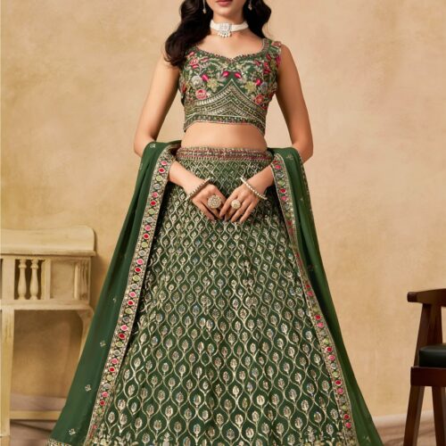 New Wedding Lehenga Set In Green Color With Georgette.