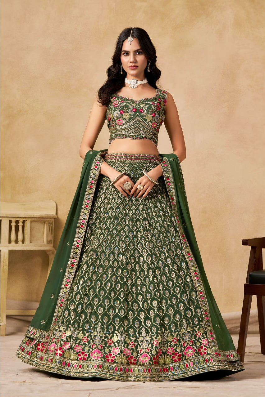 New Wedding Lehenga Set In Green Color With Georgette.