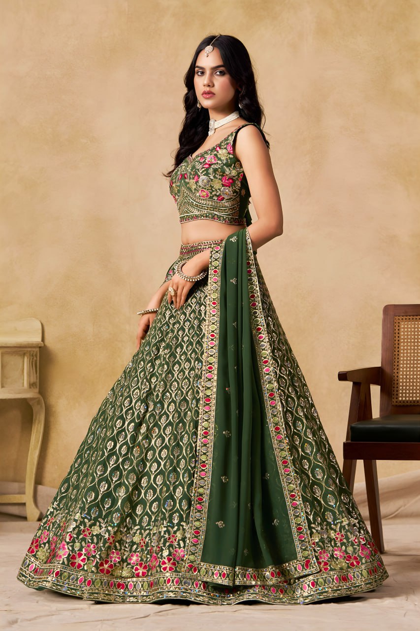 New Wedding Lehenga Set In Green Color With Georgette. - Image 3