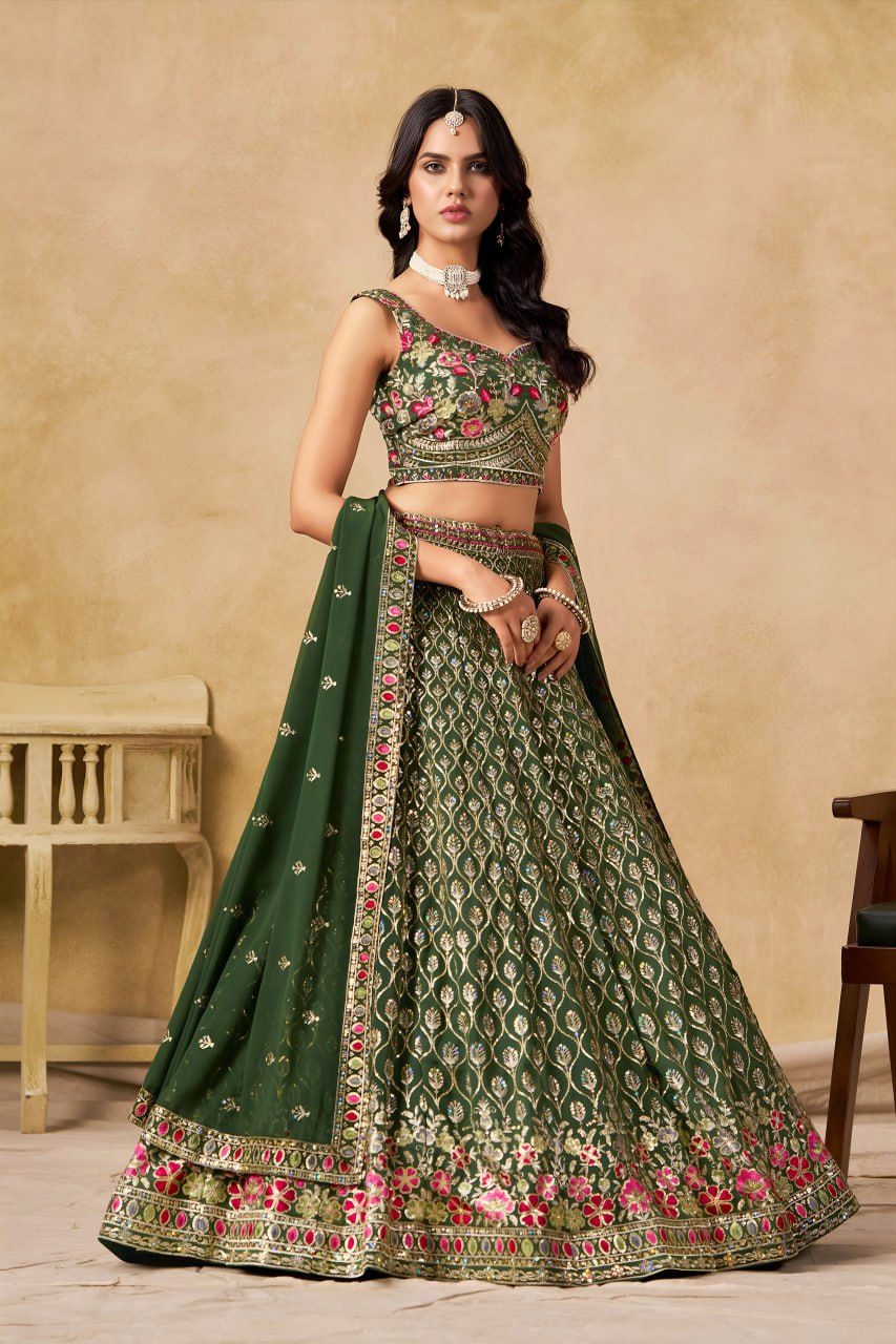 New Wedding Lehenga Set In Green Color With Georgette. - Image 4