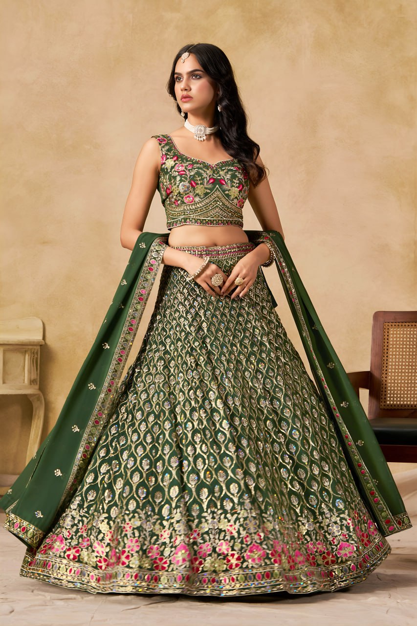 New Wedding Lehenga Set In Green Color With Georgette. - Image 5