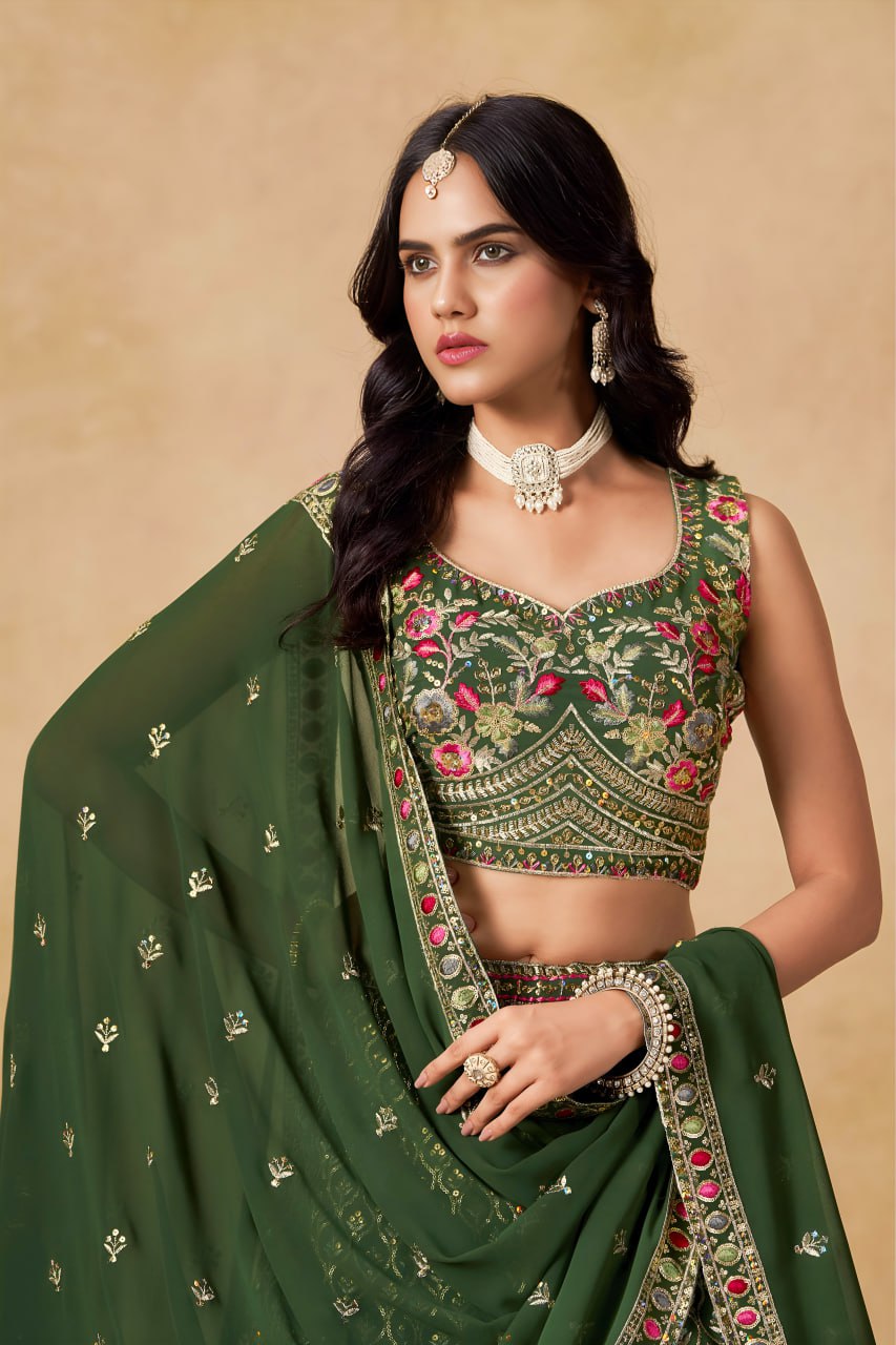 New Wedding Lehenga Set In Green Color With Georgette. - Image 7