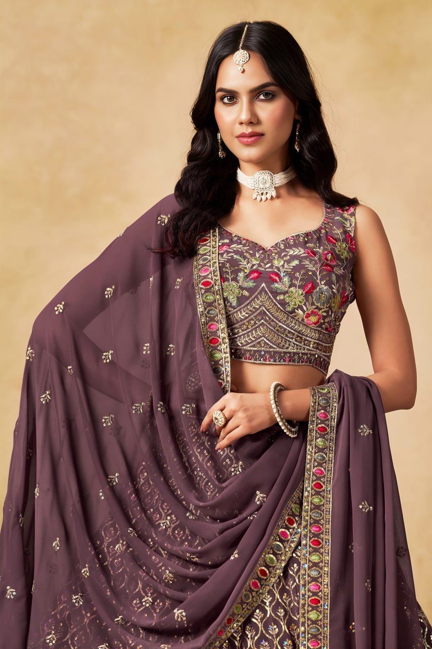 New Wedding Lehenga Set In Light Purple Color With Georgette. - Image 3