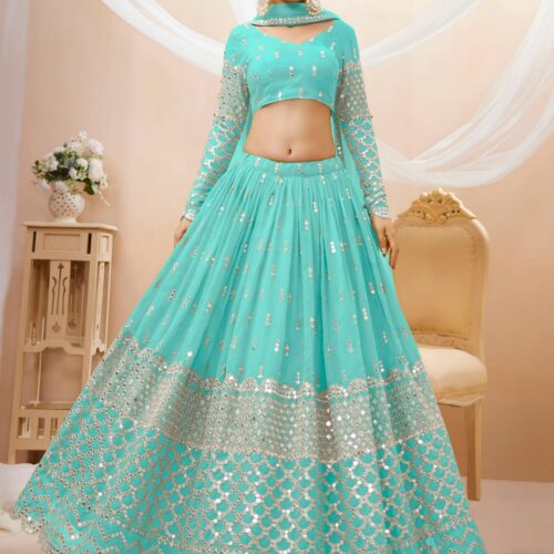 Aqua Blue Sequins Embroidered Lehenga with Dupatta.