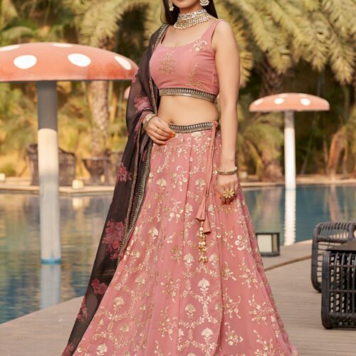Dusty Pink Embroidered Lehenga Set with Floral Dupatta.
