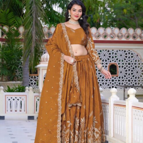 LUSTROUS GOLD CRUSH LEHENGA WITH ALL-OVER SEQUIN & THREAD EMBROIDERY.