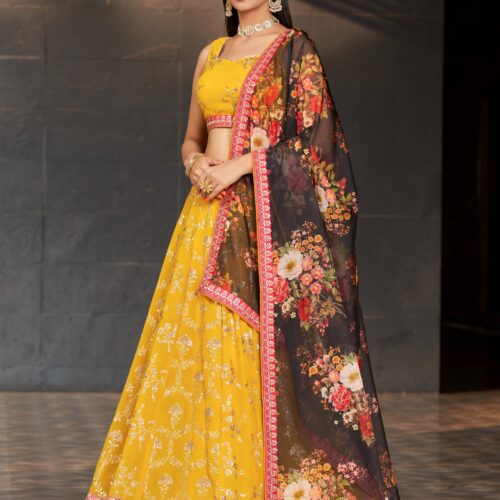 Mustard Yellow Embroidered Lehenga Set with Floral Dupatta.