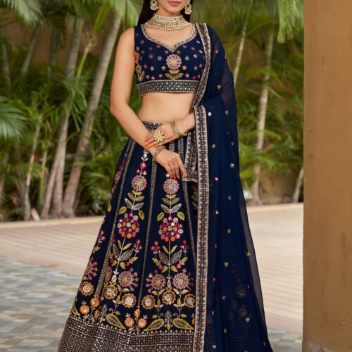 Navy Blue Floral Embroidered Lehenga Set.