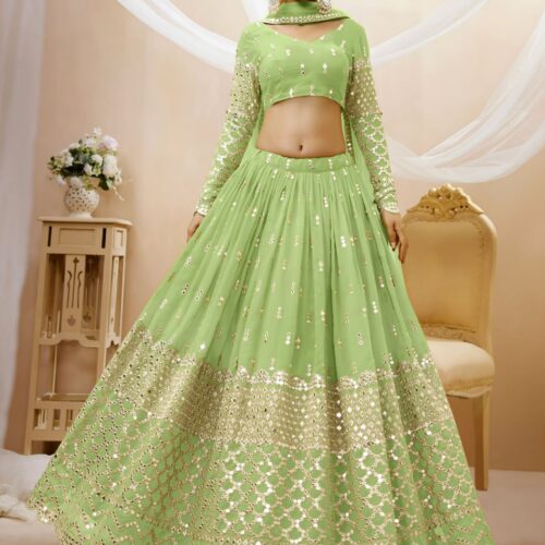 Pistachio Green Sequins Embroidered Lehenga with Dupatta.