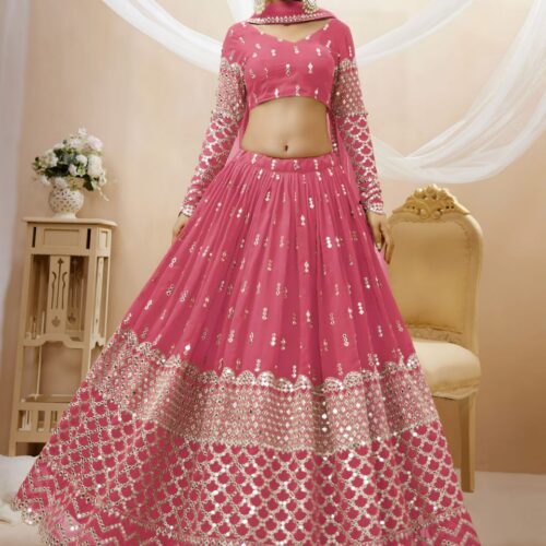 Rose Pink Sequins Embroidered Lehenga with Dupatta.