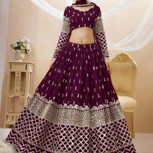 Royal Wine Sequins Embroidered Lehenga with Dupatta.
