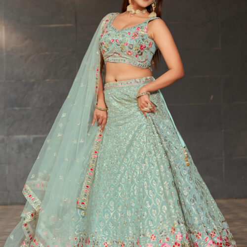 Sky Blue Floral Embroidered Lehenga Set.