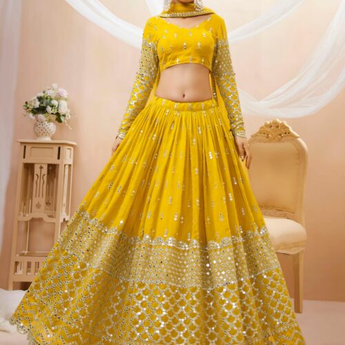 SunShine Yellow Sequins Embroidered Lehenga with Dupatta.