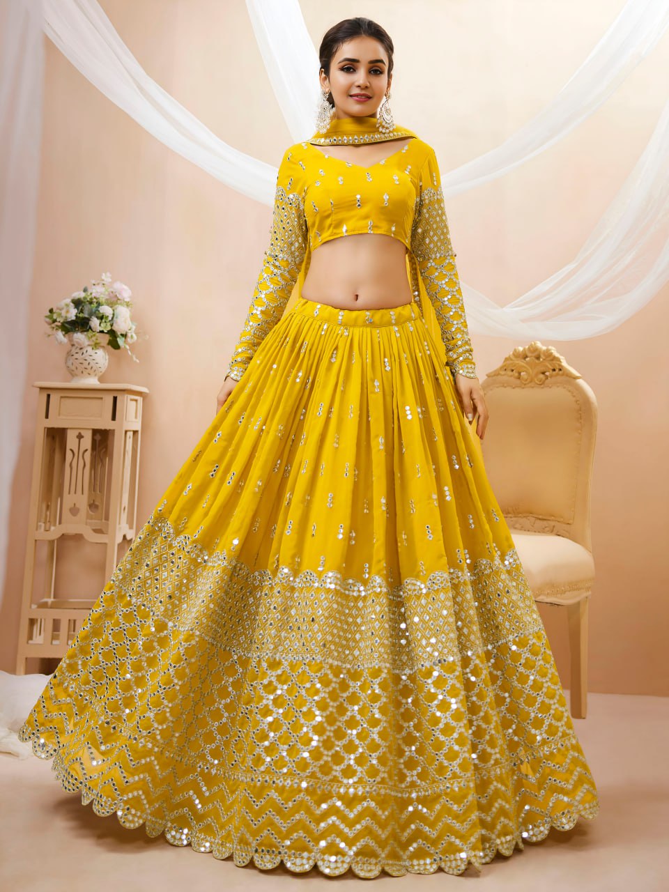SunShine Yellow Sequins Embroidered Lehenga with Dupatta.