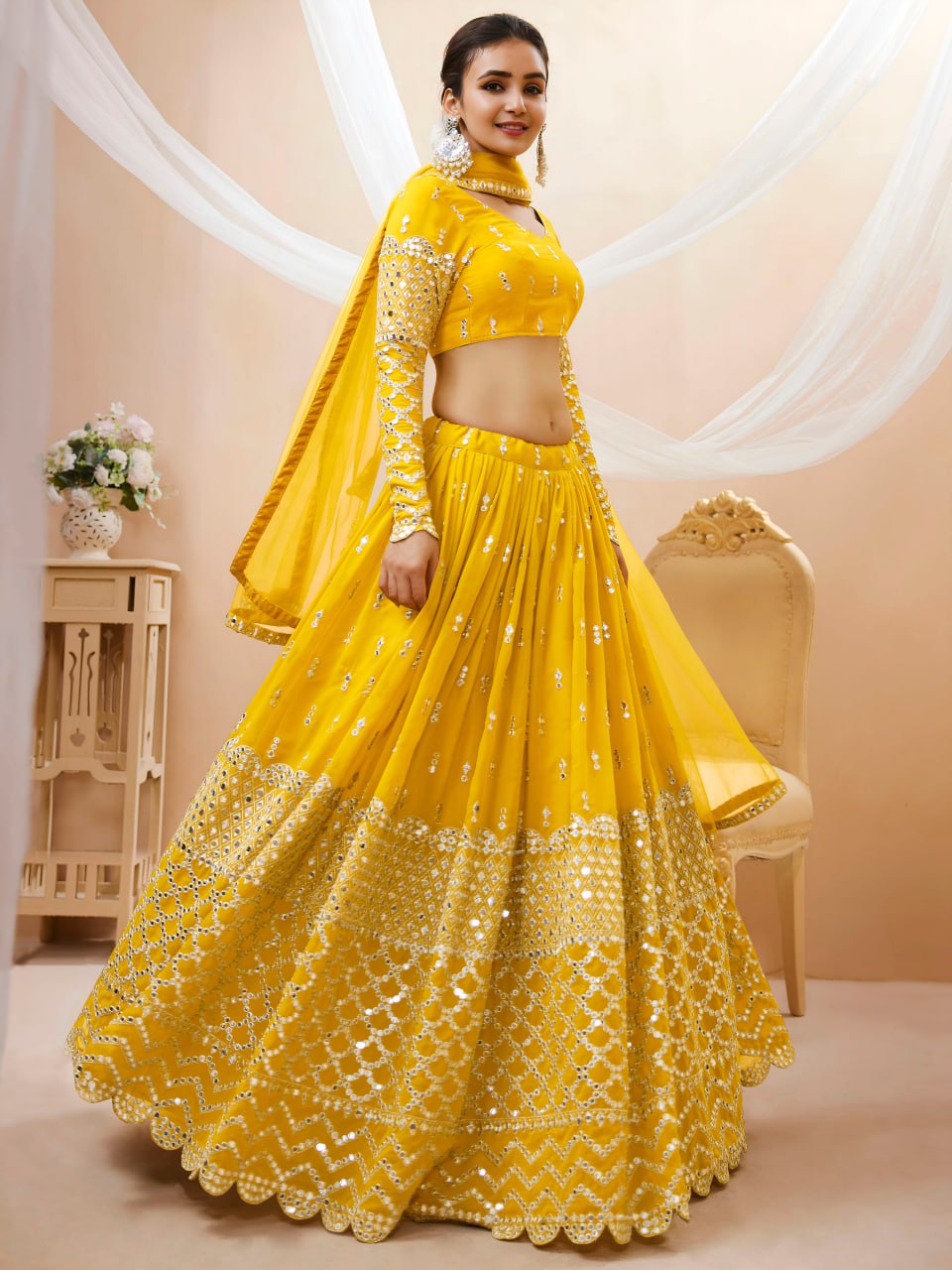 SunShine Yellow Sequins Embroidered Lehenga with Dupatta. - Image 3