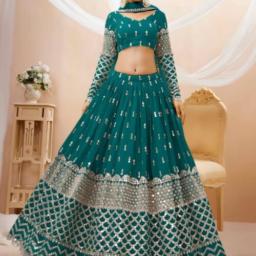 Teal Green Sequins Embroidered Lehenga with Dupatta.