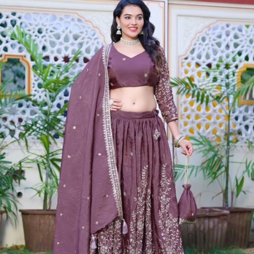 Onion Pink Crush Lehenga With All over Sequins & Thread  Embroidery.