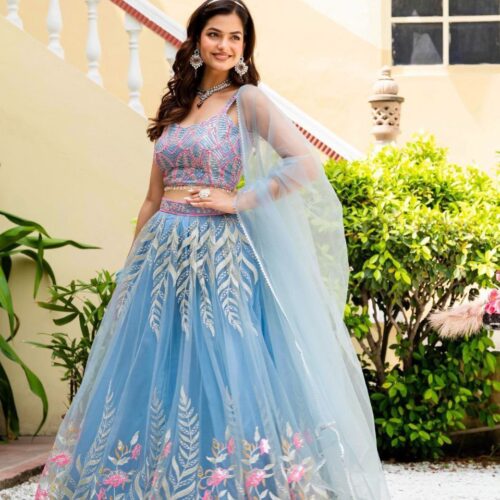 Sky Color Net Bridesmaid Lehenga Choli for women or girls.